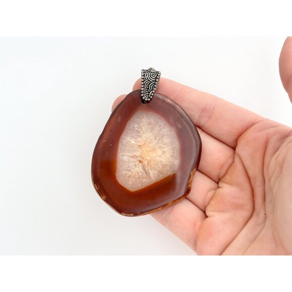 Polished Brown Crystal Free-Form Shaped Large Silver Toned Vintage Pendant - Picture 12 of 15